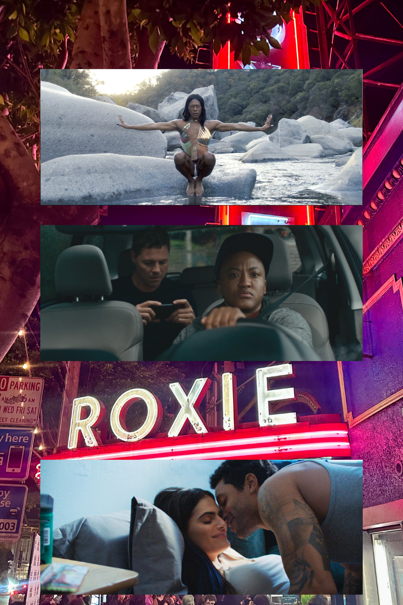 A collage of scenes from films at the San Francisco Trans Film Festival, with the iconic neon Roxie Theater as the backdrop.